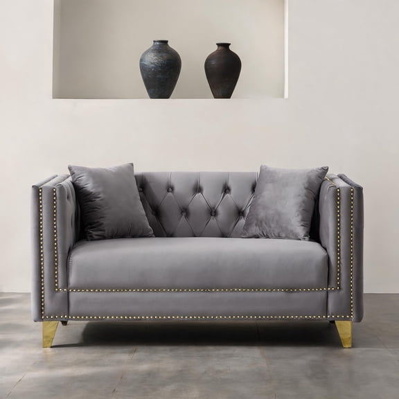 Two-Seater Loveseat, Chesterfield Style, Velvet Upholstery in Soft Gray