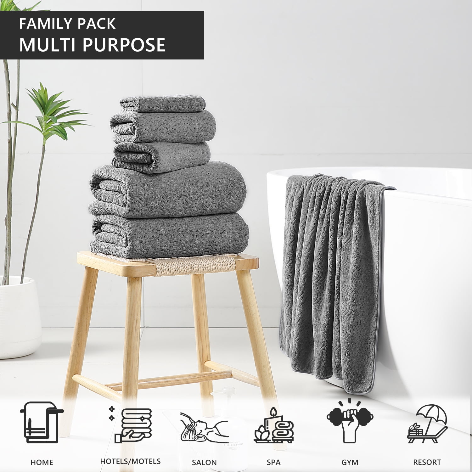 Covina Home 8 Pcs Bath Towel Set Dark Gray Microfiber Bathroom Towel Set Ultra Soft Plush Oversized Towels Adult Luxury Bath Sheet