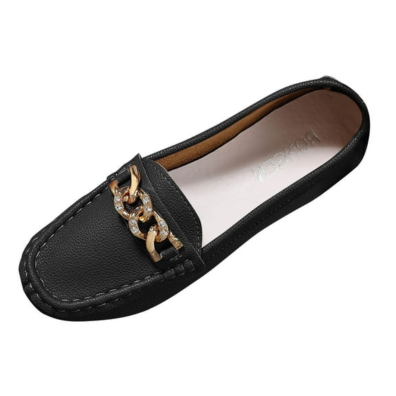 Black Ladies Flat Shoes With Chain Accent Round Toe Easy To Wear For Everyday Use Lightweight And Flexible