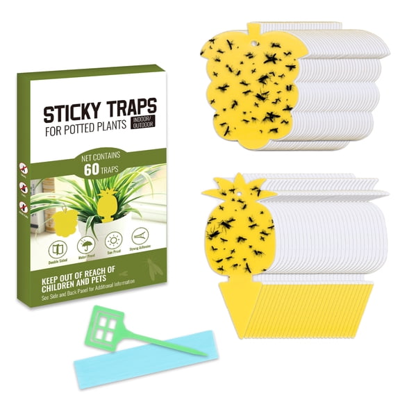 60 PCS Sticky Traps for Fungus Gnats (Plants), Yellow Double Side Fruit Fly Sticky Flying Insect Catcher Traps for Potted Plants, Houseplants, Indoor/Outdoor, 2 Shapes