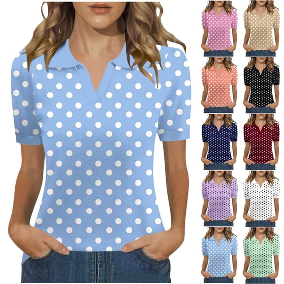 VBVC Women's Polka Dot Collared Shirt,Short Sleeve V-Neck Top For Women,Ladies Summer Stretchy Breathable Blouse,Black,S-2XL