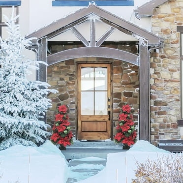 Fraser Hill Farm 4-ft. Christmas Porch Tree with Velvet Poinsettia Blooms and Leaf Accents