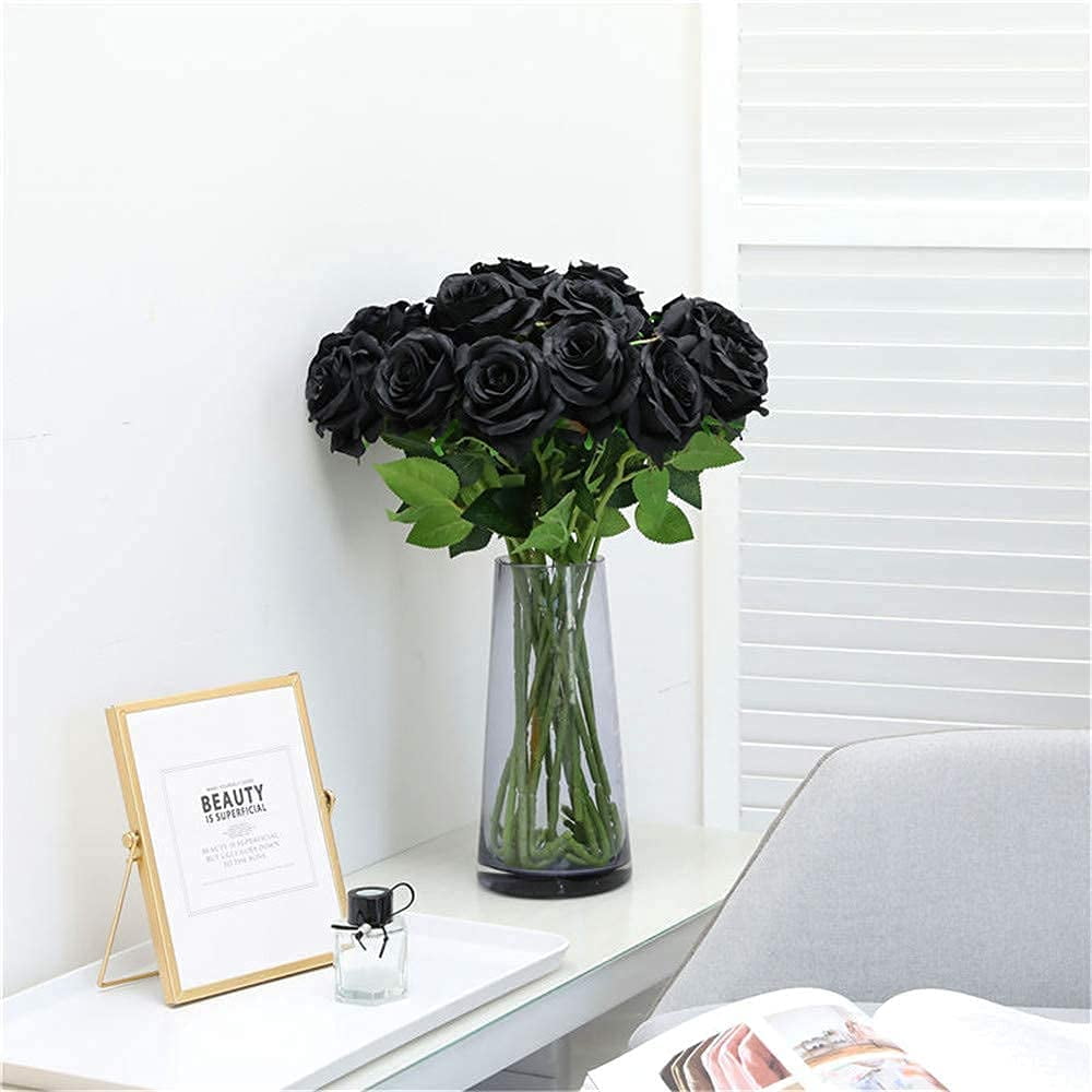 12PCS Artificial Silk Flowers Realistic Roses Bouquet Long Stem for Home Wedding Decoration Party (Black-1)