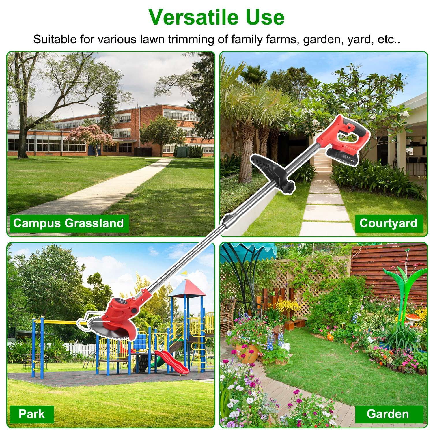 Electric Cordless Grass Trimmer Rechargeable Lawn Mower Weed Cutter with Alloy Saw Blade 2 Alloy Blades 5 Plastic Blades 2 Rechargeable Batteries Goggles Gloves Auxiliary Handle