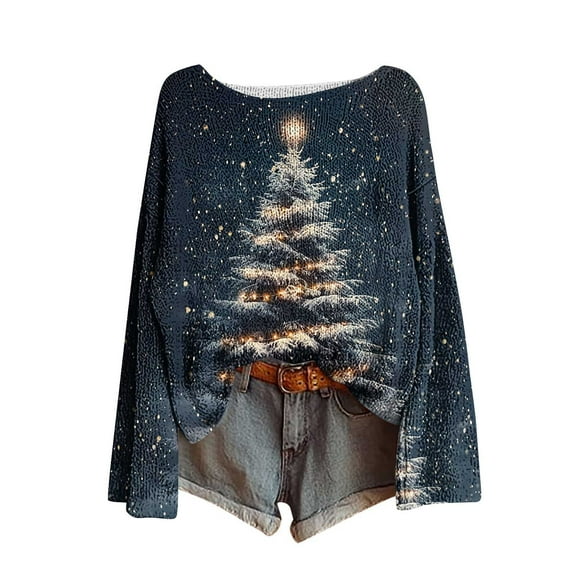yardsong Imitation Xmas Ugly Sweater for Women - Boat Neck Christmas Pullover Long Sleeve Xmas Trees Graphic Holiday Tops Blue,XXL