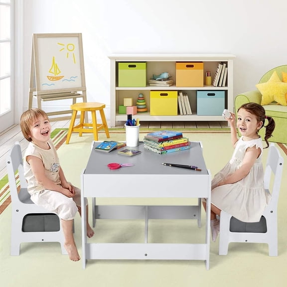 Kids Table and Chairs, 3-in-1 Activity Table with Storage, Reversible Whiteboard & Chalkboard, Wooden Toddler Desk and Chair Set for Drawing, Reading, Writing, Playroom (Grey)