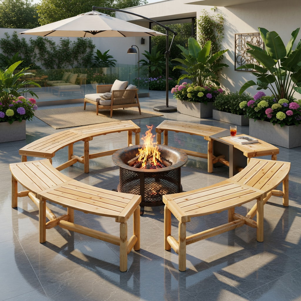 Hommoo Outdoor Curved Wooden Patio Bench, Solid Pine and Fir Fire Pit Loveseat for Backyard, Garden, Poolside, Natural