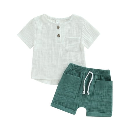 

Musuos 2Pcs Baby Boys Button Down Pocket T Shirts Top Drawstring Elastic Shorts