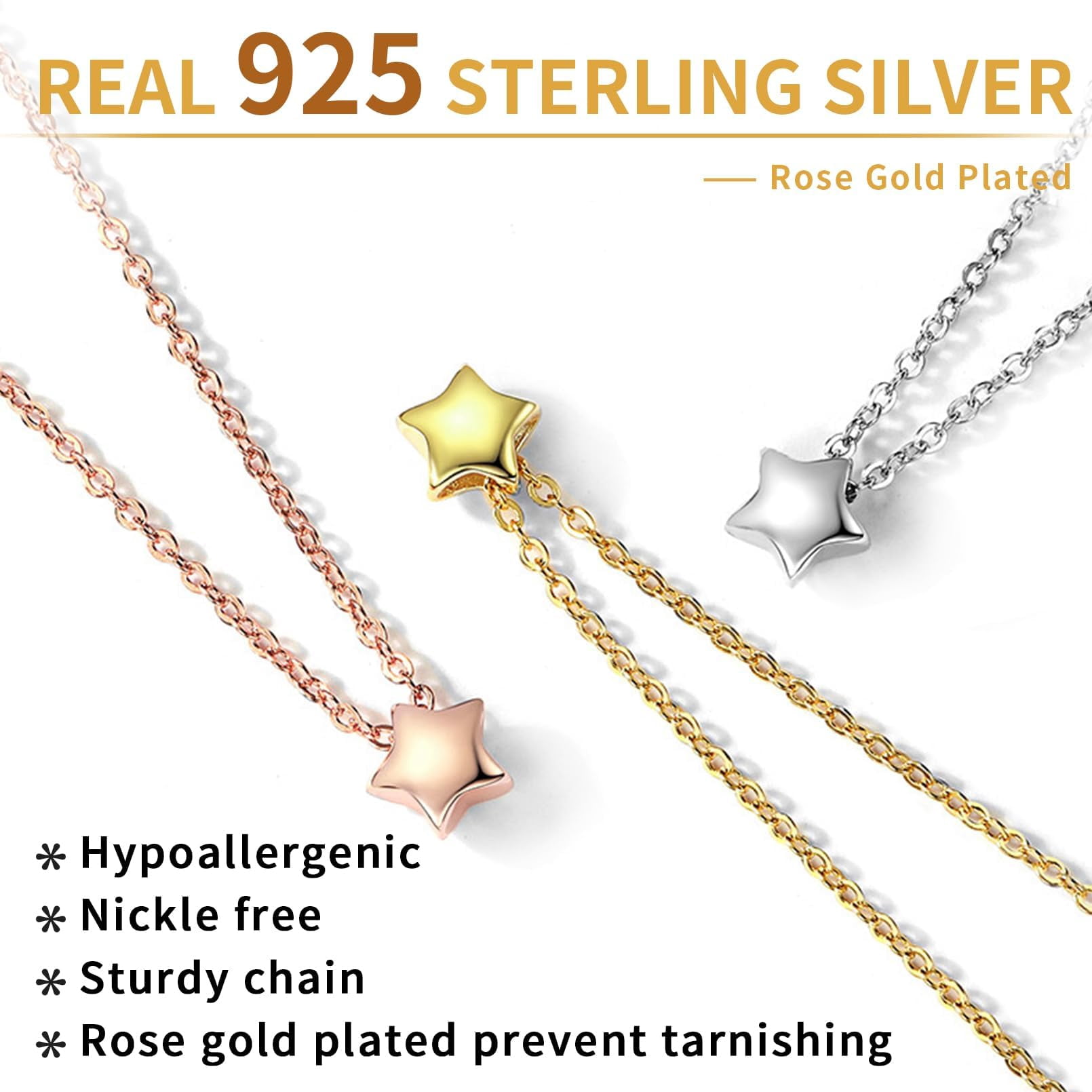 ChicSilver Rose Gold Plated Sterling Silver Dainty Star Pendant Necklace for Women Valentines Mothers Day Birthday Anniversary