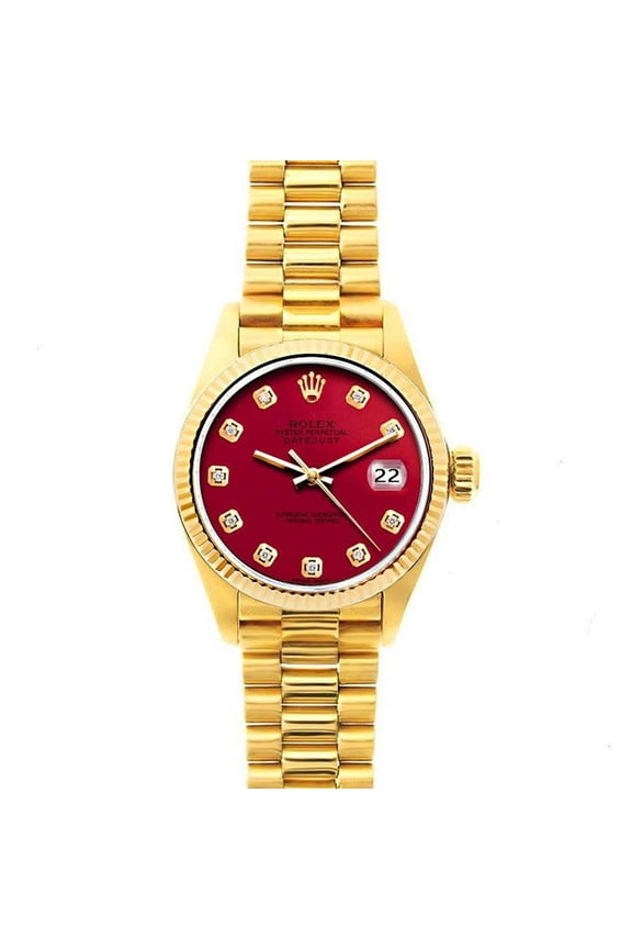 Pre-Owned Rolex Datejust 26MM 69178 Red Diamond Dial Fluted Bezel 18K Yellow Gold President Bracelet