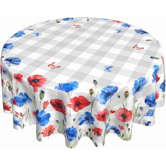 Red Blue Floral Tablecloth Round 60Inch 4th of July Watercolor Poppy Flowers Table Cover with Gray Buffalo Plaids Patriotic Heat Resistant Table Cloth for Kitchen Dining Holiday Tabletop Decor