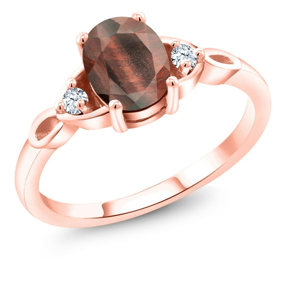 Gem Stone King 18K Rose Gold Plated Silver Red Tiger Eye and White Zirconia 3-Stone Rings for Women (1.31 Cttw, Gemstone, Oval 8X6MM, Size 6)