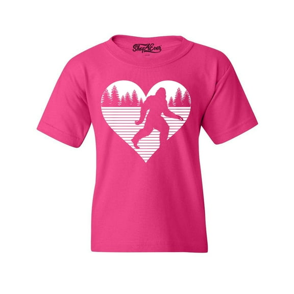 Shop4Ever Kids Bigfoot Heart Love Sasquatch Valentine Graphic Child's Youth T-Shirt Medium Heliconia Pink