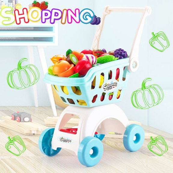 19" Big 2-Layer Kids Toy Shopping Cart W/Sliceable Vegetable Kits Toys for Girls 3-6 Years Boys, Pretend Play Shopping Grocery Wagon Play Set Gifts to Toddlers, 20Pcs Clear Blue