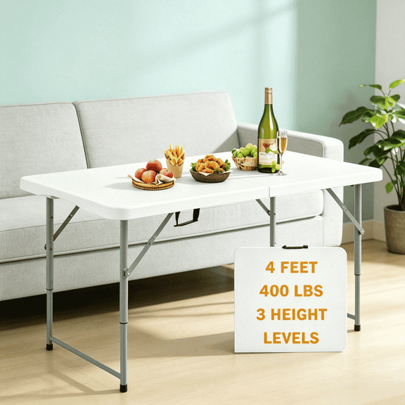 XF XINFENG 4ft Folding Table, Height Adjustable Heavy Duty Plastic Table with Handle – Portable for Camping, BBQ, Party, Home & Outdoor, White