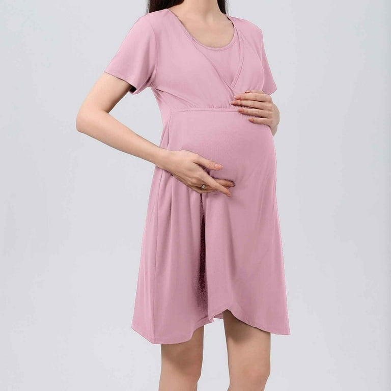 Efsteb Women's Maternity Dress Round Neck Pleated Loose Dress Stretchy Maternity Clothes Casual Pregnancy Comfy Solid Color Short Sleeve DressPink,XL