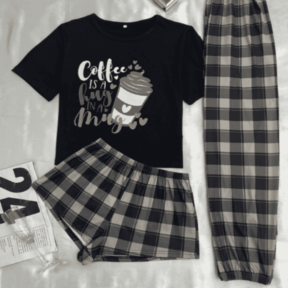 ZROVA Women's 3-Piece Pajama Set - Black Coffee Print Short Sleeve Top with Plaid Shorts & Long Pants, Soft Milk Silk Loungewear for Sleep & Lounge