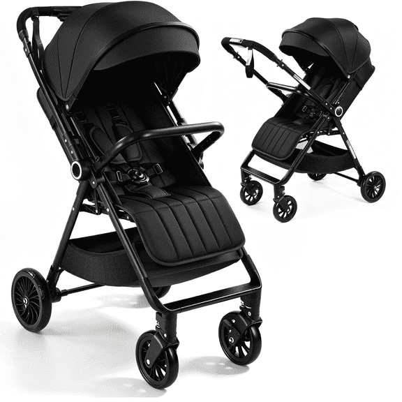 Vomeast Lightweight Stroller, Foldable Baby Stroller with Reversible Handle & One-Hand Fold for Travel, Black