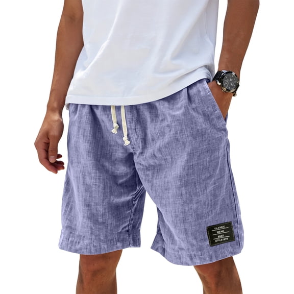 Nestiefly Men's Cotton Linen Casual Shorts Elastic Waist Drawstring Summer Beach Shorts with Pockets Purple L
