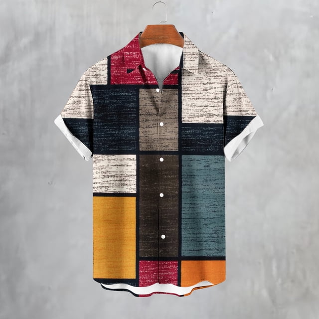 Qertyioot Mens Big & Tall Short-Sleeve,Men's Spring Short Sleeve Loose Round Neck Geometric Unlocated Printed Shirt