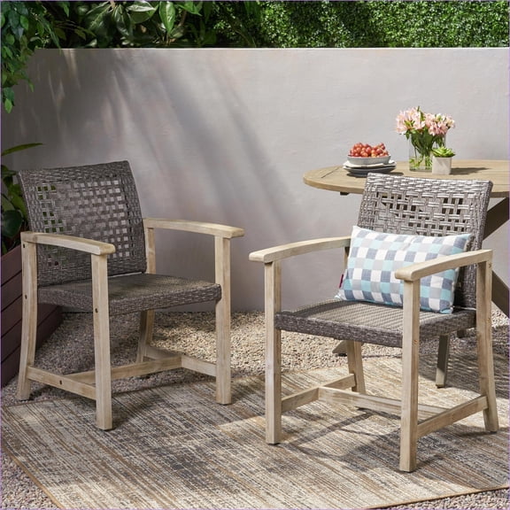 Dining Chairs for Indoor Outdoor Patio & Dining Room, Set of 2, Solid Acacia Wood Woven Wicker, 400 lbs Capacity, Tan Brown Finish | Wood Rattan | Solid Back