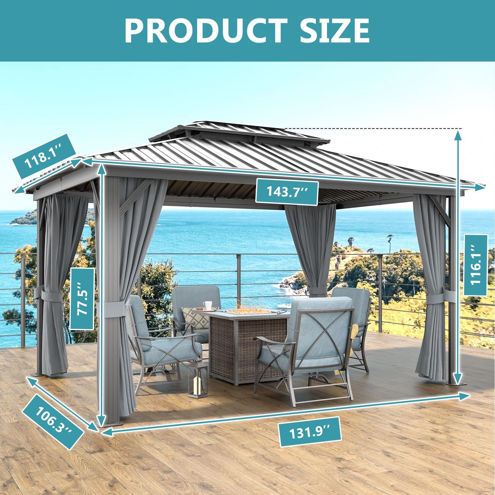 Sunmthink 10x12 ft. Hardtop Gazebo with Mosquite Netting, Double Metal Roof for Lawn and Garden, Brown