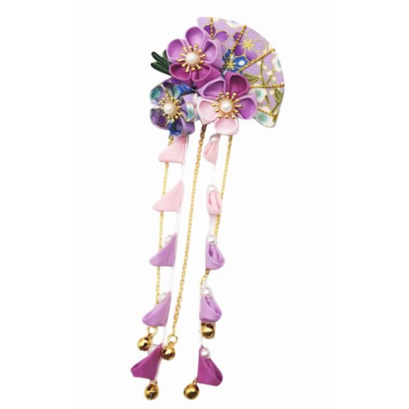 CRB Fashion - Kimono tradicional para mujer, estilo Tsumami Kanzashi, para boda, japonés, asiático, Yukata, lazo para el pelo, flor floral, Sakura, pasador (azul lila)
