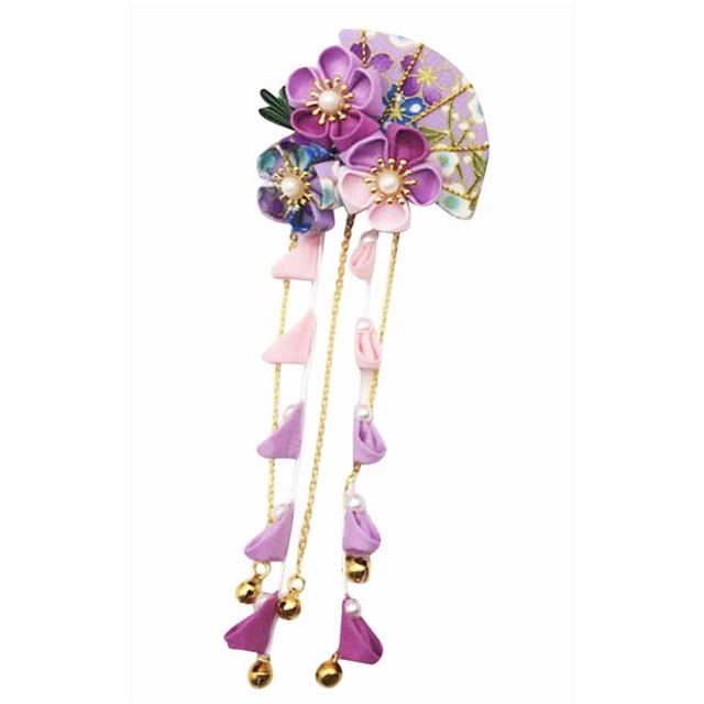 CRB Fashion - Kimono tradicional para mujer, estilo Tsumami Kanzashi, para boda, japonés, asiático, Yukata, lazo para el pelo, flor floral, Sakura, pasador (azul lila)