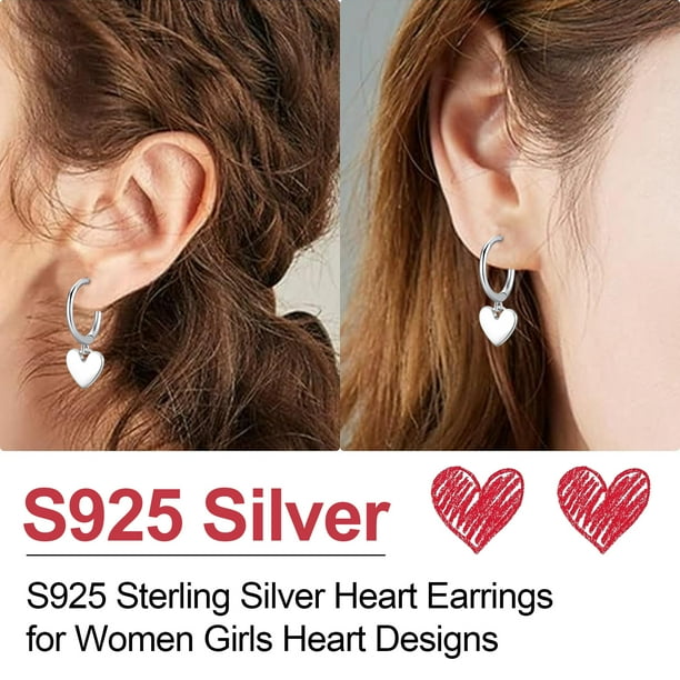 Aros colgantes de corazón de plata esterlina S925, pequeños aros con dije de corazón lindo, pendientes colgantes de corazón hipoalergénicos para mujeres y niñas, regalos de joyería