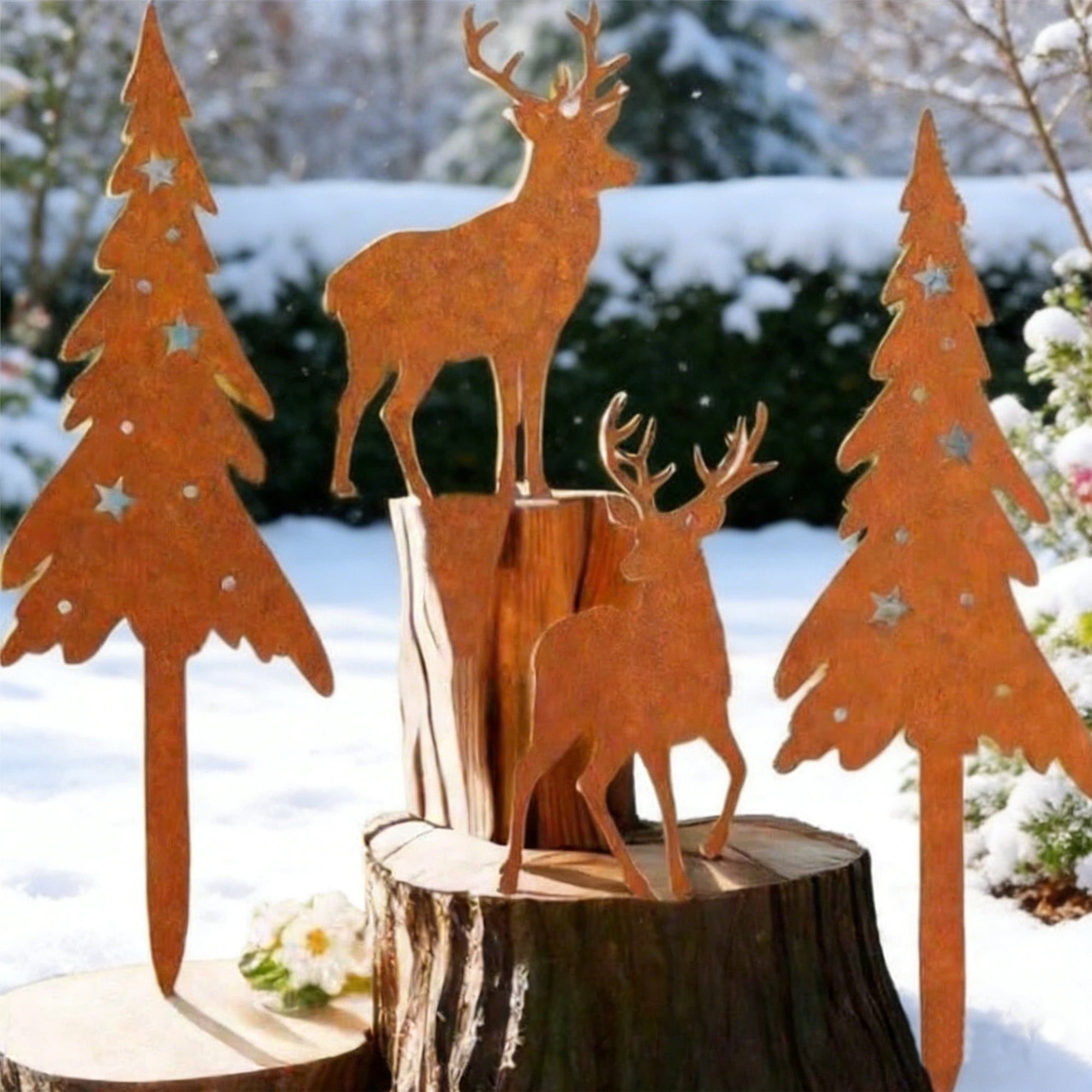 4 Pcs Metal Deer and Tree Sculpture Set Rustic Garden Statues,Cute Animal Silhouette Yard Art for Yard Art, Outside, Patio, Outdoor Decor, Garden Decorations, Lawn Ornaments