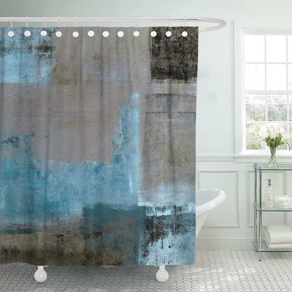 SUTTOM Beige Staged Teal and Brown Abstract Shower Curtain 60x72 inch