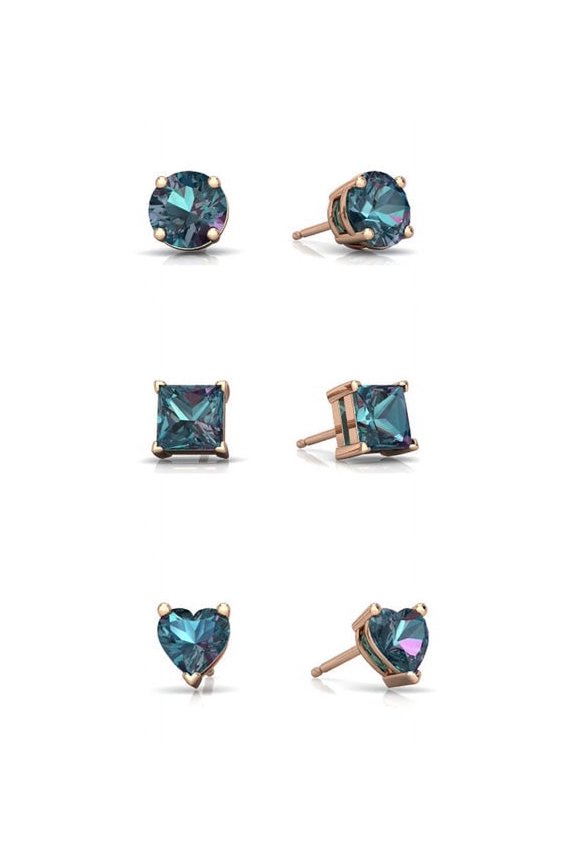 18k Rose Gold Plated 4Cttw Created Alexandrite 3 Pair Round, Square And Heart Stud Earrings