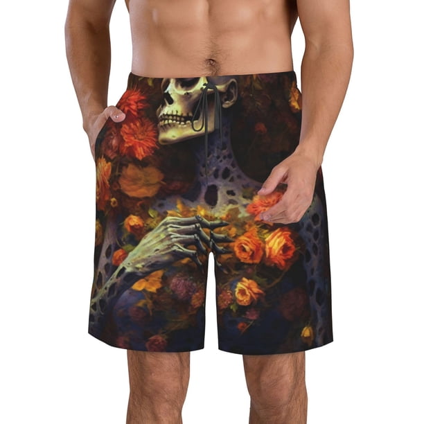 Balery Vintage Floral Skull Traje de Baño Estilo Hawaiano para Hombre, Shorts de Secado Rápido con Bolsillos-X-Large
