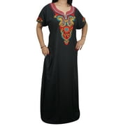 Mogul Womens Kaftan Nightgown Embroidered Black Maxi Dress Cotton Caftan Nightdress Cover Up