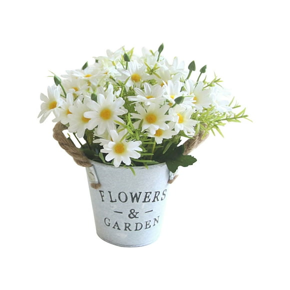 1PC Simulation Daisy Bonsai Decor Hemp Rope Iron Bucket Decor Realistic Fake Flower Crafts Decor Retro Potted Plants Decor with Flowerpot White