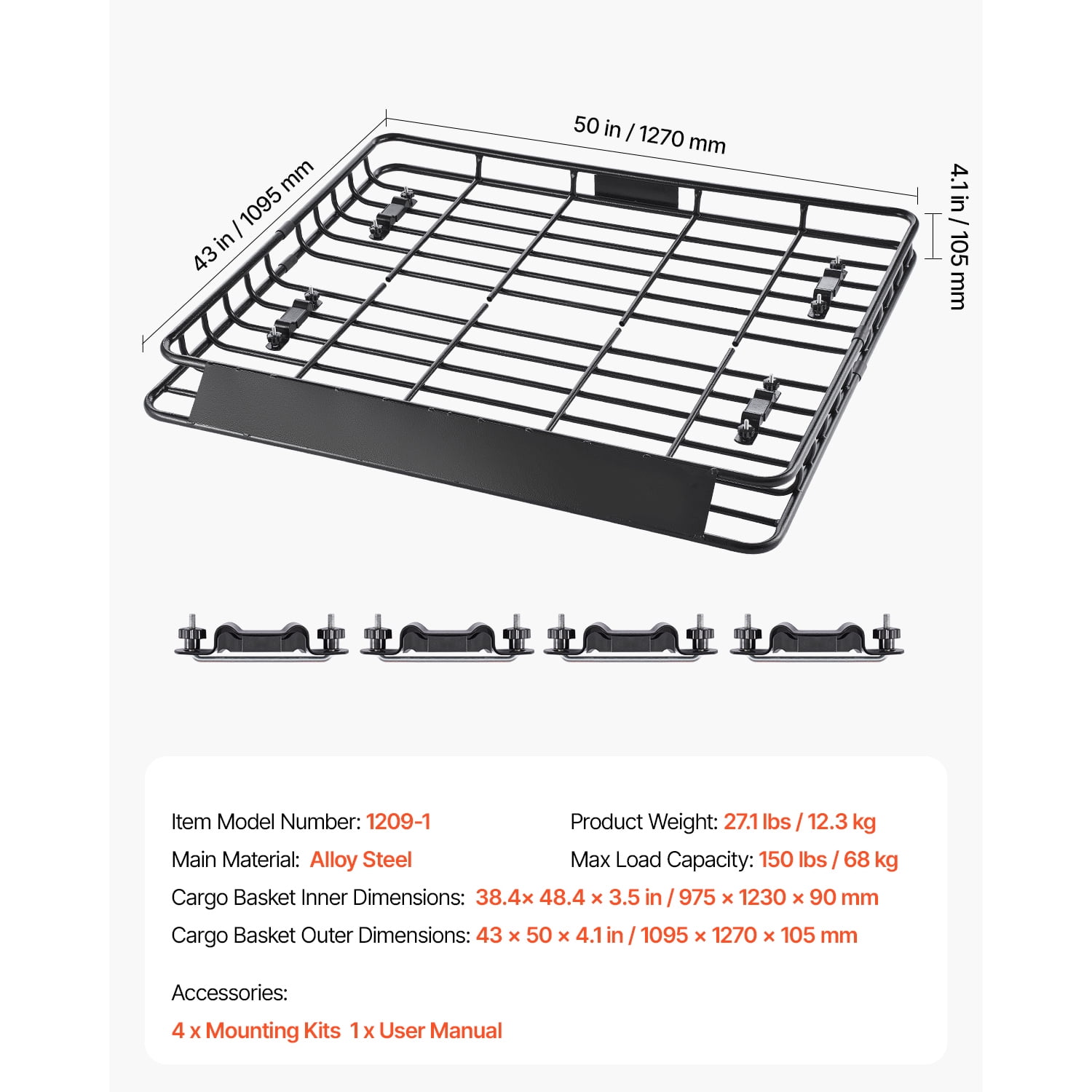 KFFKFF Universal Roof Rack Cargo Carrier, 43 x 50 x 4.1 in, Rooftop Luggage Basket with 150 lbs Load Capacity, 4.1 in Side Rails, Durable Alloy Steel, Wind Deflector, for SUVs and Cars