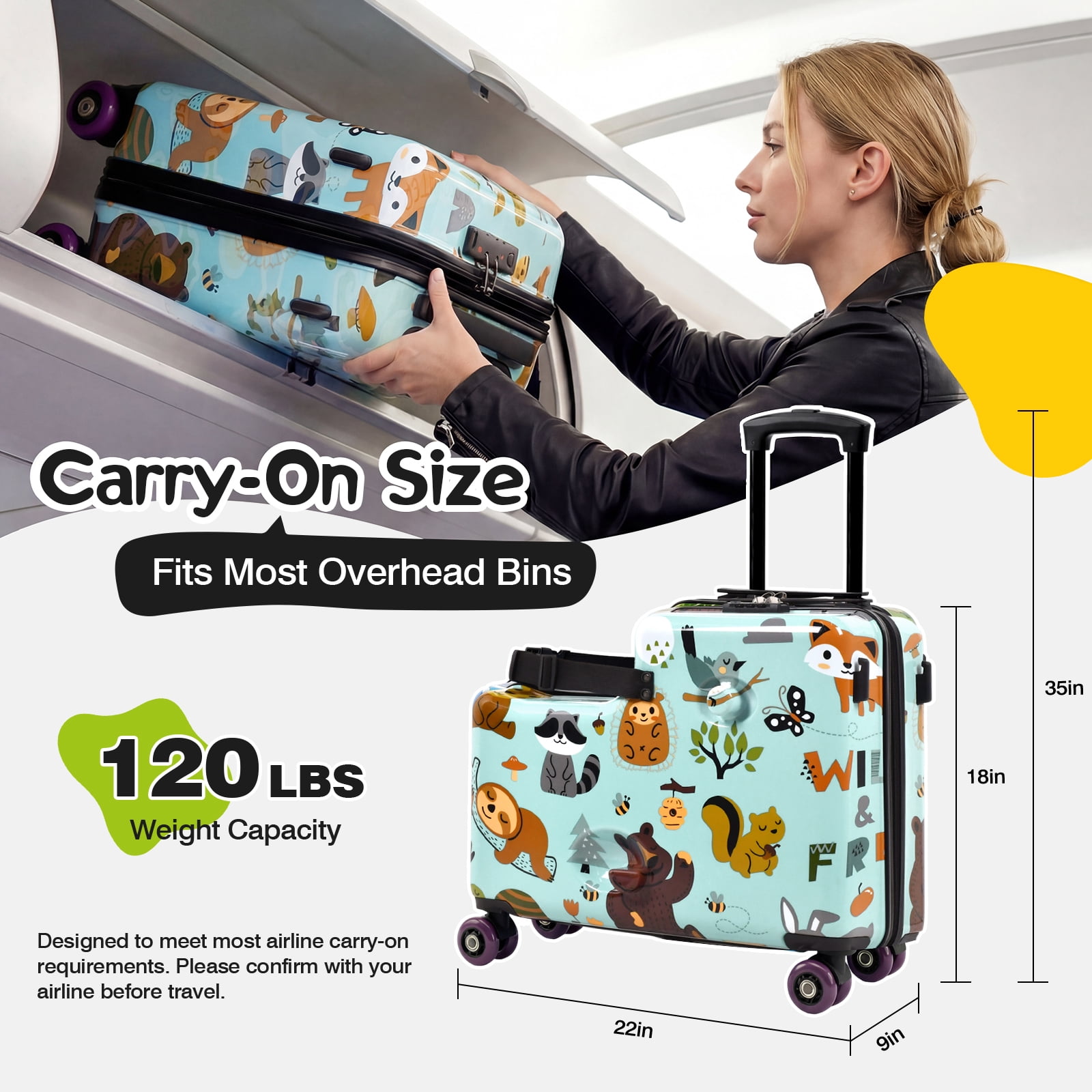 Advwin Kids Ride-On Luggage with Safety Belt, TSA Lock & Footrest, Hardside Spinner Travel Suitcase for Children, Green Wildlife Theme