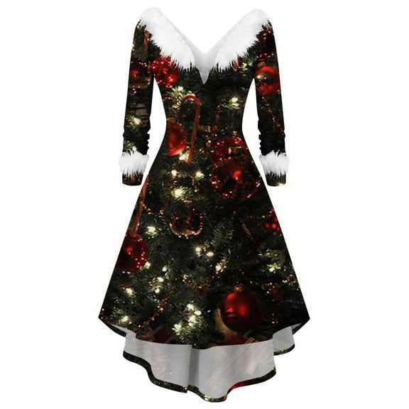 IROINNID Christmas Dresses for Women Long Sleeve Dresses Christmas Printing V-Neck Holiday Dress Savings,Red