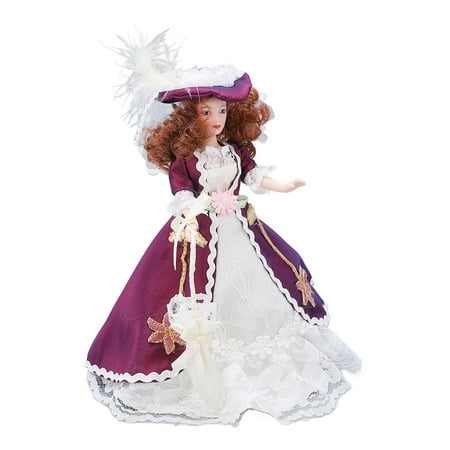Rupoun Miniature Porcelain People Victorian Style Dark Purple Skirt Hat Woman Ceramic Doll for 1/12 Dollhouse Decoration Accessories, Height 6.5 inches / 16.5 cm, Collectible Action Figure