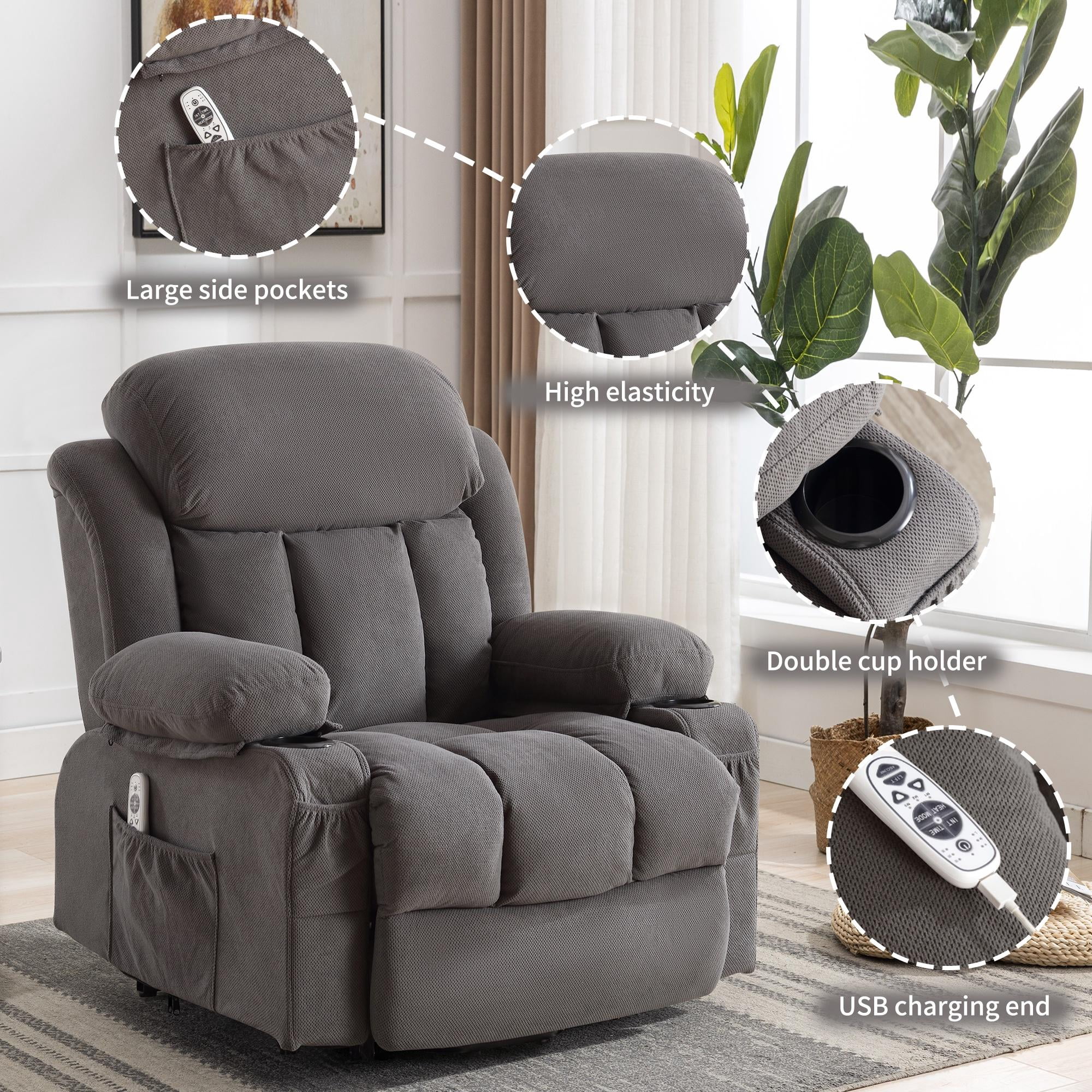 Power Lift Recliner Chairs with Massage and Heat, UHOMEPRO Electric Fabric Recliner Chair for Elderly, Living Room Furniture with USB Charge Port, 2 Cup Holders, and Side Pocket, Gray