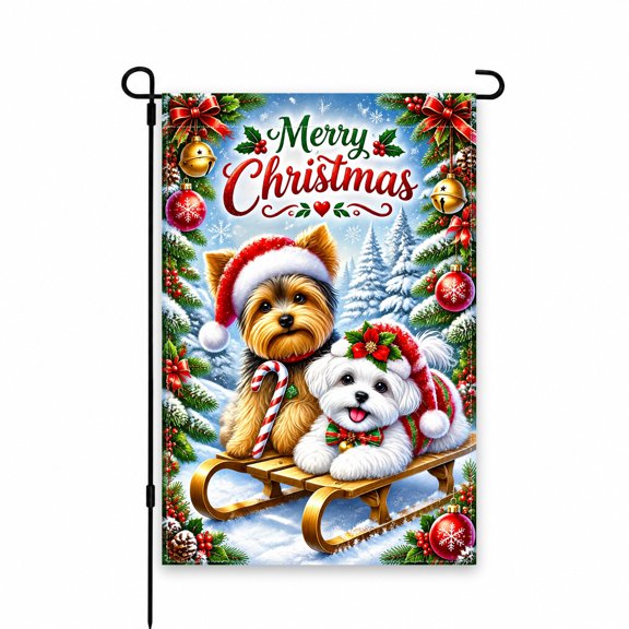 Merry Christmas Garden Flag 12x18 Inch | Festive Dogs on Sleigh, Candy Canes, Ornaments & Snowy Trees | Holiday Yard, Lawn, Patio, Porch Decor