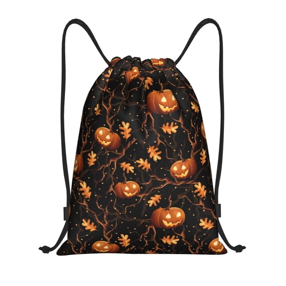 Drawstring Backpack - Halloween With Pumpkins Splash Proof Small Drawstring Gym Bag for Women Men, Cinch Sports String Bag Backpack for Travel Swimming Beach