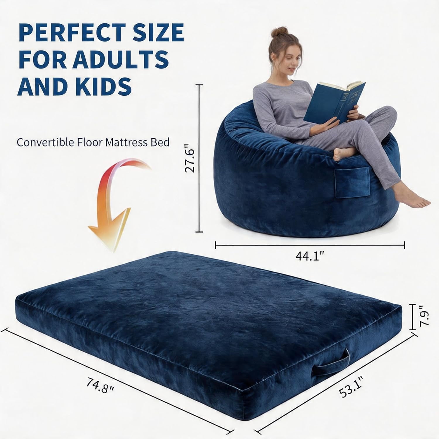 4 in 1 Convertible Bean Bag Chair Bed for Adults 4ft Large Beanbag Chair with High Memory Foam Filler and Removable Cover, Oversized Comfy Flannel Bean Bag Couch Bed Lazy Sofa for Adults Teen