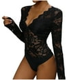 thumbnail image 1 of HBFAGFB Combinaison à Manches Longues pour Femmes Col en V Hauts Slim en Mesh Combinaisons Triangle Bas Noir Taille P, 1 of 5