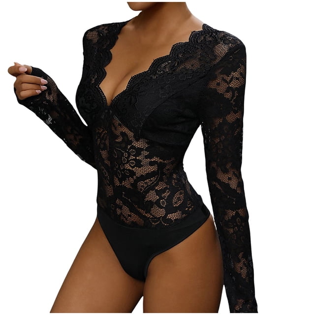 HBFAGFB Combinaison à Manches Longues pour Femmes Col en V Hauts Slim en Mesh Combinaisons Triangle Bas Noir Taille P