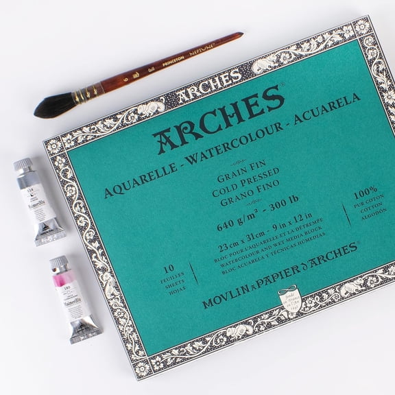 ARCHES® Aquarelle Watercolor Paper Block, Heavyweight, Cold Press, Natural White, 300 lb (640 gsm), 10 Sheet, 9x12 in, 1 Count