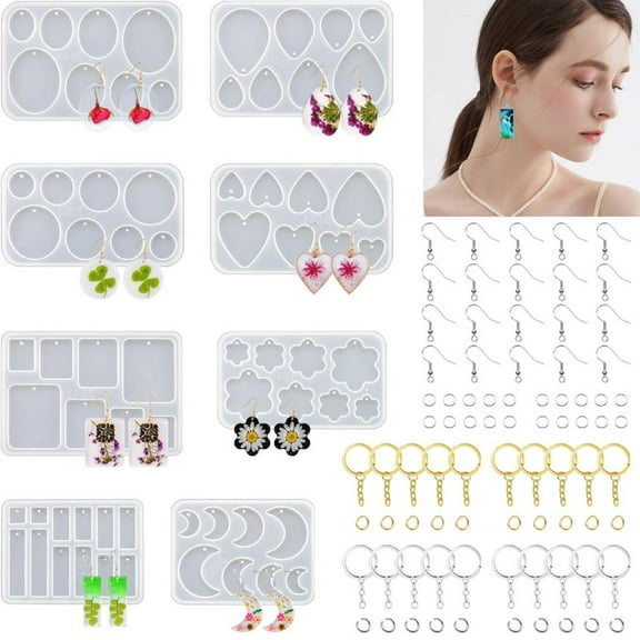 Resin Jewelry Molds, 128 PCS Multiple UV Resin Earring Mold with Holes, Basic Epoxy Keychain Kits Bundle Complete Set, Necklace Pendant Moldes