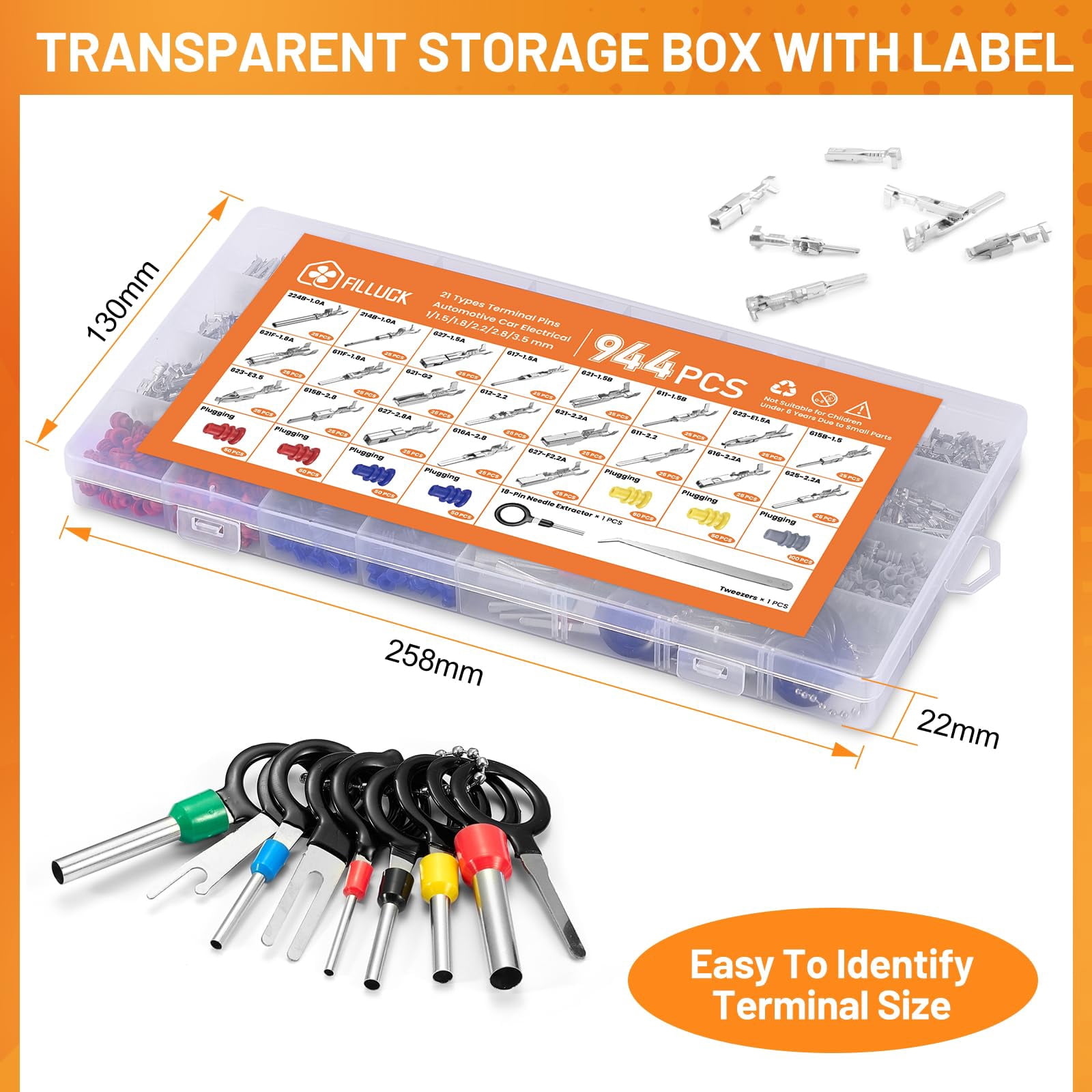 Filluck 945PCS Pin Connector Kit, Car Electrical Wire Connectors Terminal Pins, 21Type Non-Insulated Plug 1/1.5/1.8/2.2/2.8/3.5mm Wire Terminal with Ratchet Crimping Tool 22-16 AWG