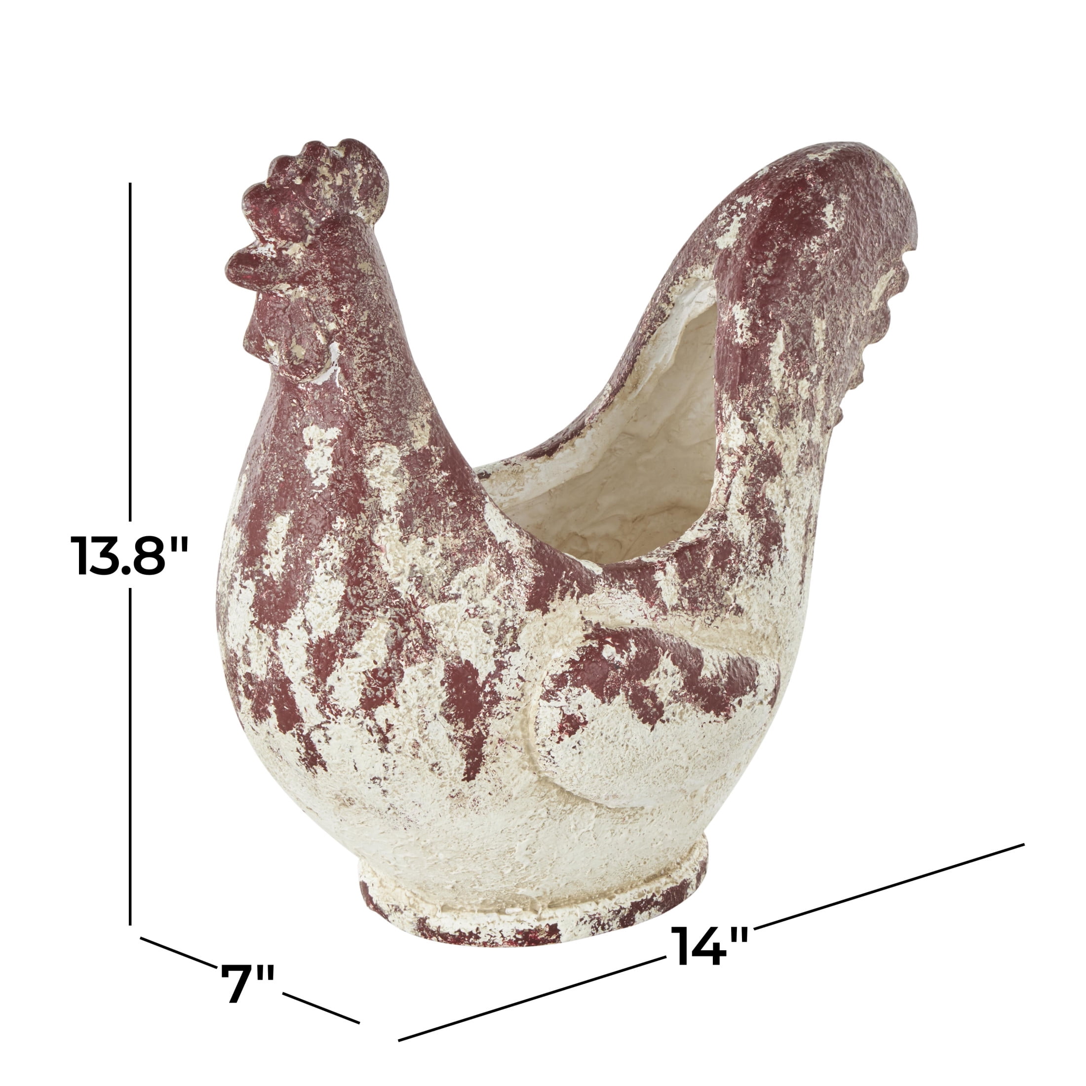 DecMode 14" x 14" White Magnesium Oxide Rooster Planter with Rust Colored Distressed Details