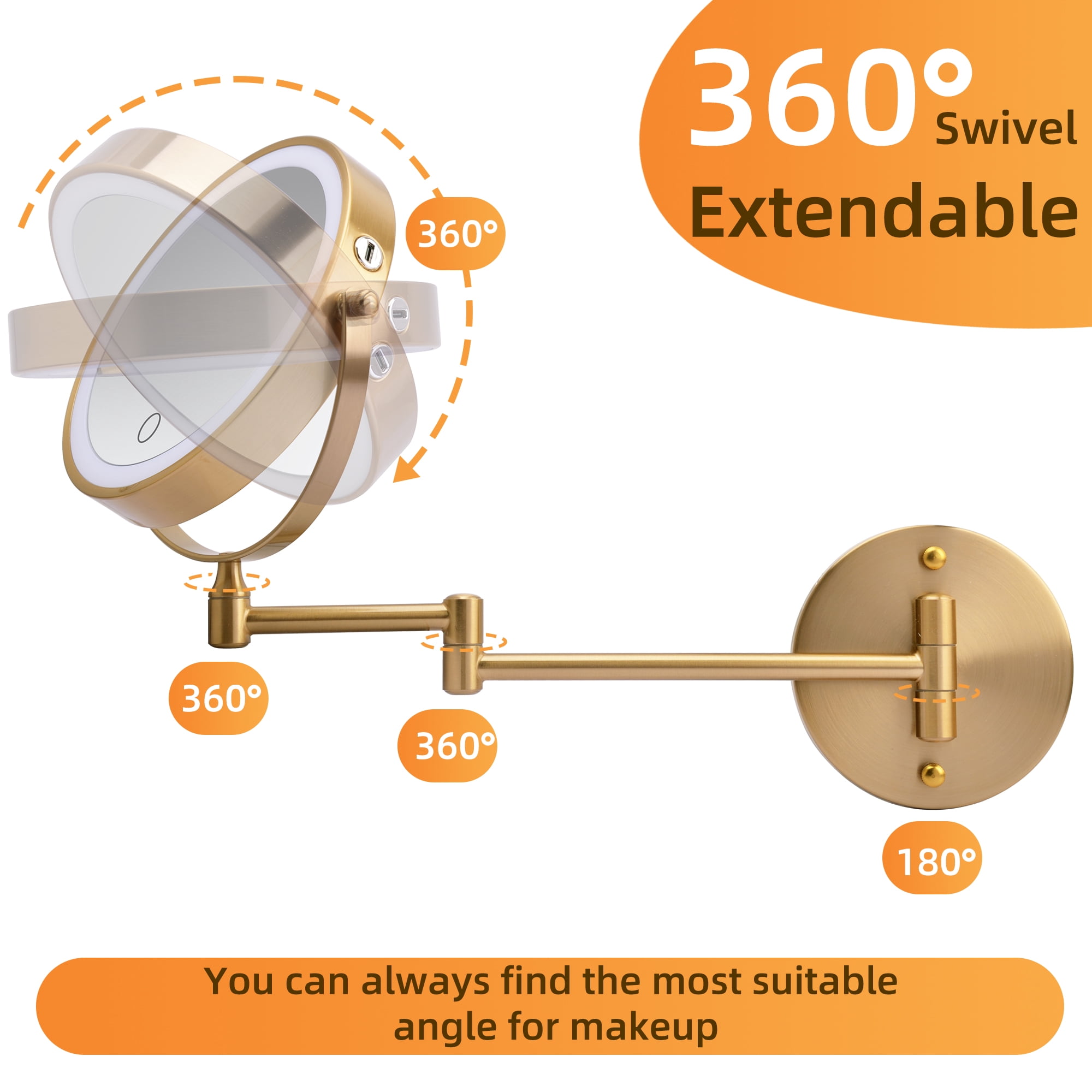 8-Inch Rechargeable Wall Mounted Makeup Mirror with LED Lights, 1X/10X Double-Sided Magnifying Mirror for Bathroom, Gold